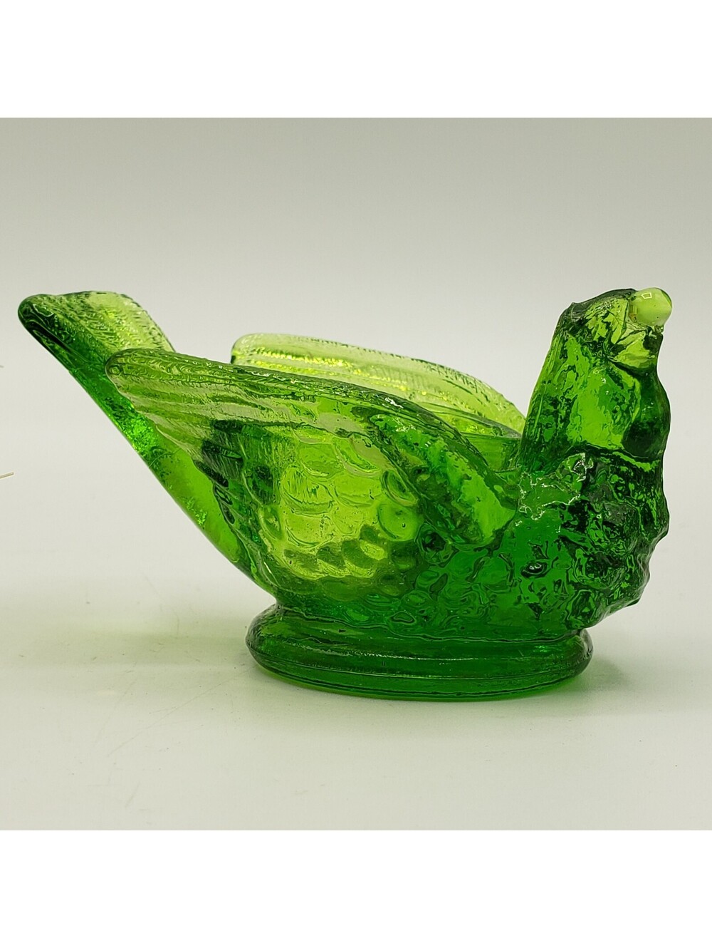 Vintge Kanawha Glass Salt Cellar Glows Green Bird with Berry in Mouth